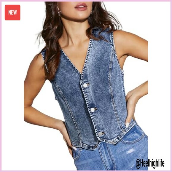 Women's Denim Vest Sleeveless V Neck Button Down Crop Waistcoat - Picture 2 of 8